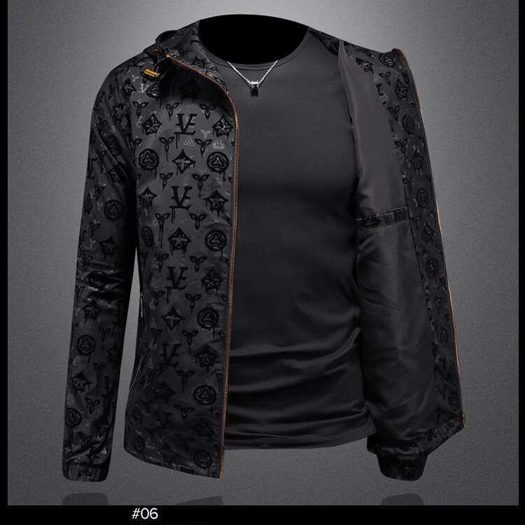 2025 Autumn New Flocked Hooded Jacket Printed Men's Reversible Coat Casual Trendy Brand Slim