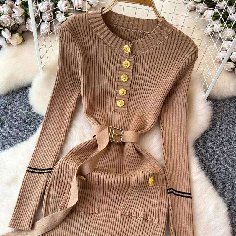 YuooMuoo Chic Fashion Autumn Winter Sleeve Knitted Bodycon Women Elegant Sash Bandage Long Sweater Dress Vestidos XJ260225