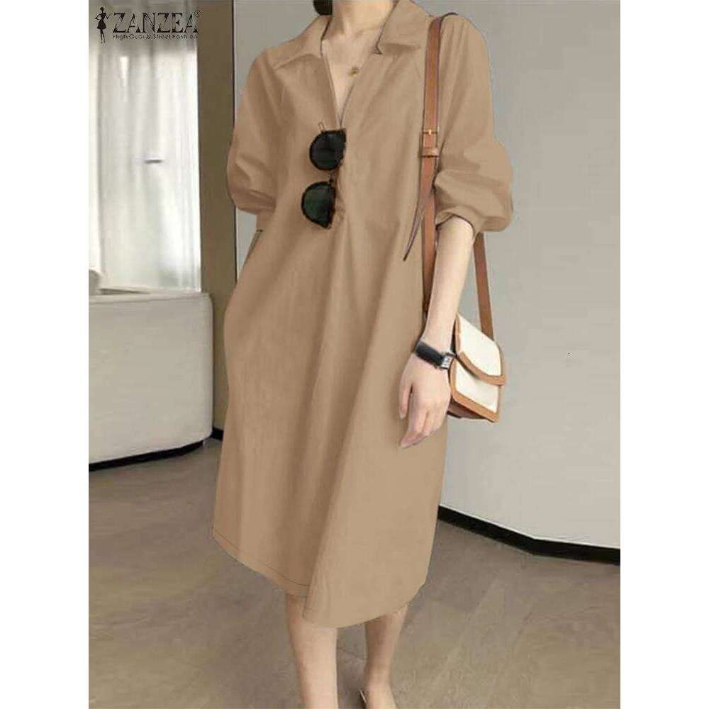 Autumn Spring Shirt Dress ZANZEA Fashion Women Lapel Neck Office Work Dresses Elegant 3/4 Sleeve Midi Sundress Holiday Vestidos XJ260225