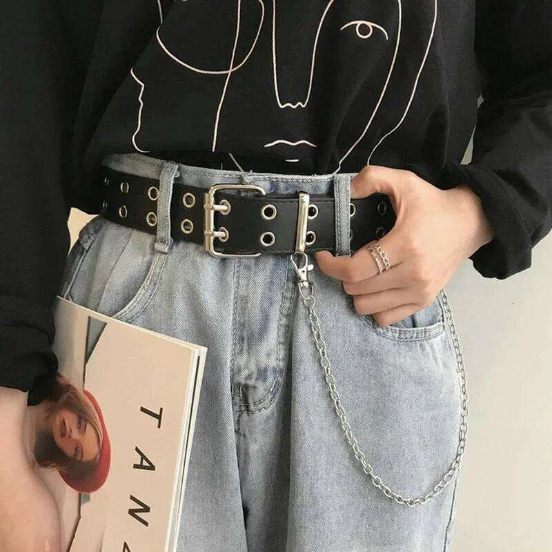 Women Ring Belts Double Hole Eyelet Grommet Leather Buckle Punk Pin Belt Leisure Dress Jeans Gothic Waistband Y260225