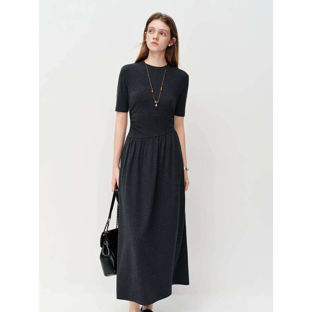 FSLE 2026 Spring Women's Pleated A-Line Long Dark Grey High Waist-Cinching Office Shift Loose Fit Maxi Dress Casual XJ260225