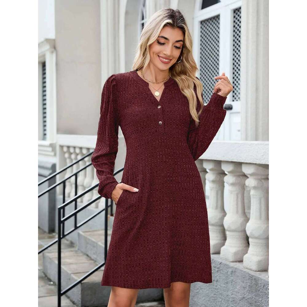 ZAFUL Womens Long Sleeve Fall Dresses with Pockets V Neck Button Casual Bodydoll Knit Sweater Dress 2025 XJ260225