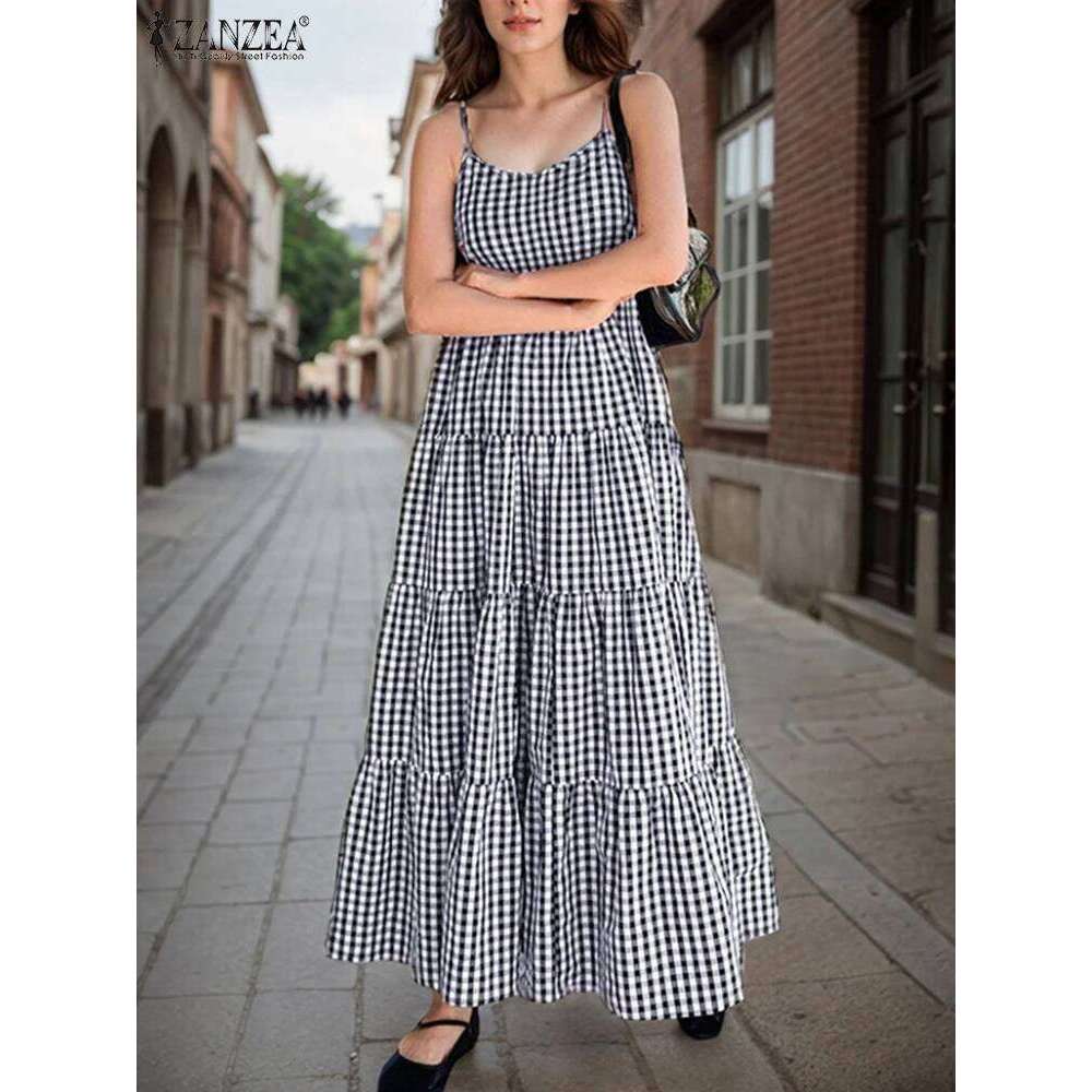 2025 ZANZEA Summer Elegant Sleeveless Maxi Dress Women Straps Dresses Bohemian Holiday Sundress Fashion Plaid Checked Vestidos XJ260225