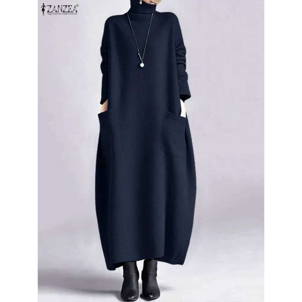 ZANZEA Fashion Sweatshirt Dress Women Casual Turtleneck Long Sleeve Solid A-Line Midi Dresses for Woman FW 2025 Cozy Warm Robes XJ260225