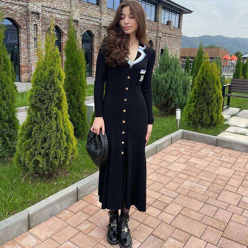 Contrast Knitted Dress Women Elegant Embroidery Lapel Long Sleeve Midi Dresses 2024 Autumn Winter Casual Single Breasted Vestido XJ260225