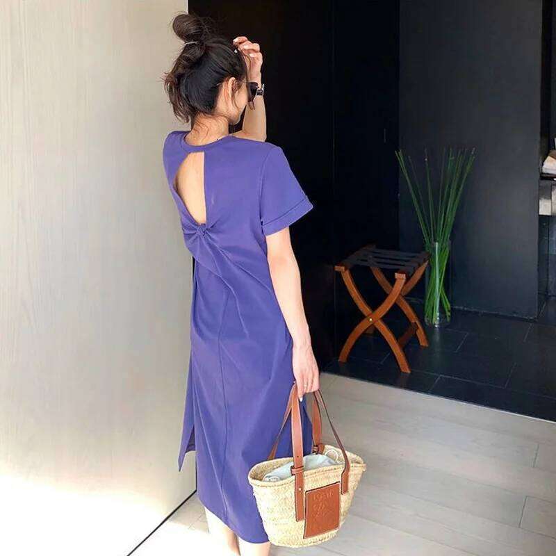Casual Backless T Shirt Summer New Round Neck Short Sleeve Solid Color Loose Midi Dress Fashion Trend Women Clothing XJ260225