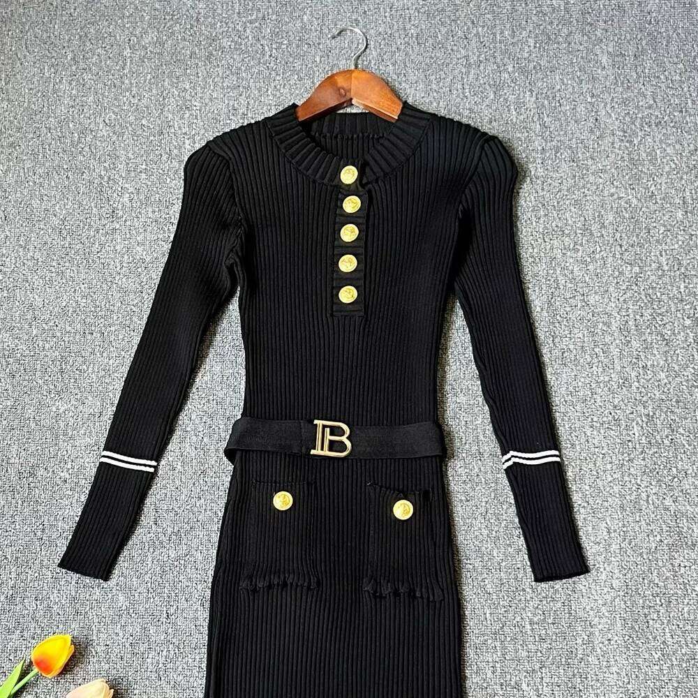 YuooMuoo Chic Fashion Elegant Package Hips Knitted Midi 2025 Autumn Winter Brand Style Lady Belted Bodycon Black Dress XJ260225