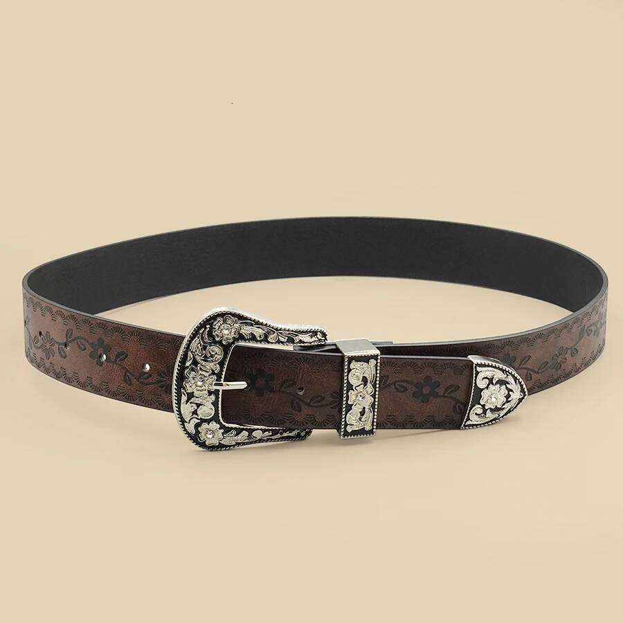 Vintage Carved Buckle for Women Men - Brown Textured Floral Print Western Style Fashion Versatile Waistband Belt Y260225