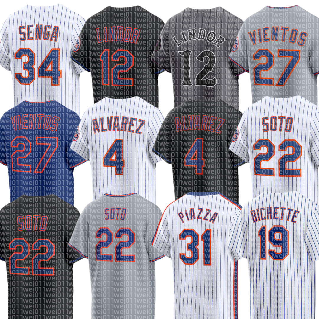Mets Custom Baseball Jersey Darryl Strawberry Piazza Francisco Lindor Kodai Senga Mark Vientos Juan Soto Francisco Alvarez Bo Bichette Jorge Polanco Luis Robert Jr.