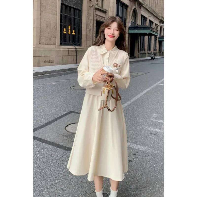 Collar Suit Spring and Autumn Women's New College Style Knitted Vest Dress Two-piece Set XJ260225