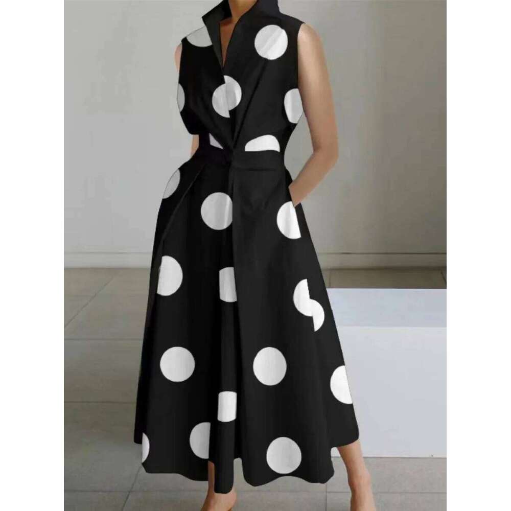 DSMTRC Elegant Work Dresses Womens Office Wear Summer Solid V-neck Stand Up Fashion Button Dress Lady Sleeveless Pocket Vestidos XJ260225