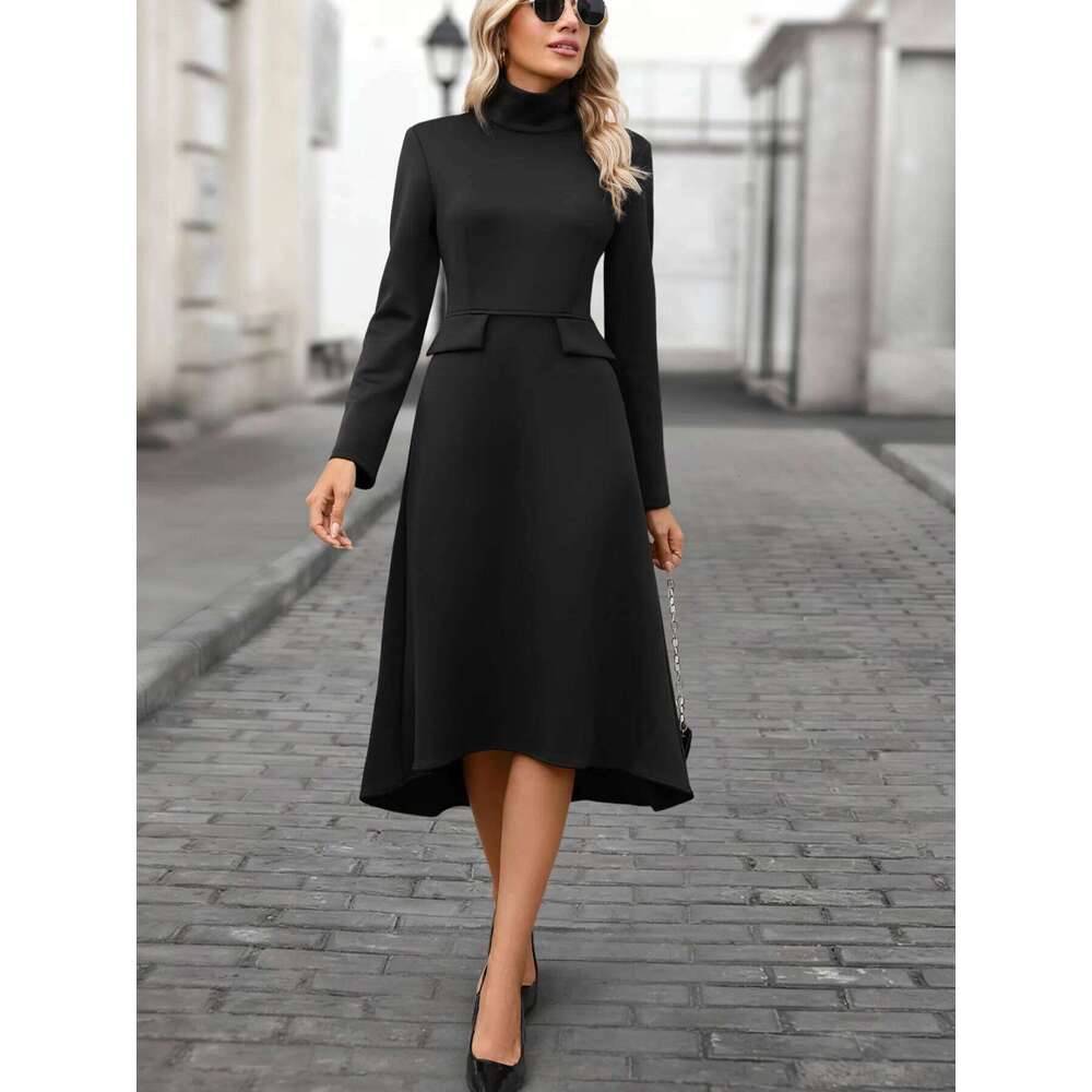 Elegant Solid Color Holiday Party Spring Autumn High Collar Slim Wide Hem Elastic Knitted Fabric Midi Long Sleeve Dress XJ260225