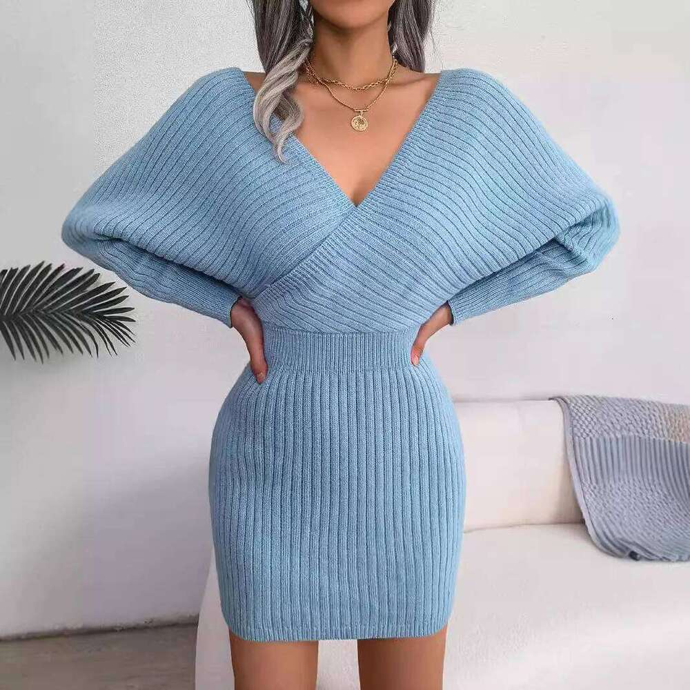 Sexy Cross Deep V Neck Batwing Sleeve Knitted Skirt with Hip Wrapping Autumn Winter Ribbed Design Party Dress for Woman XJ260225