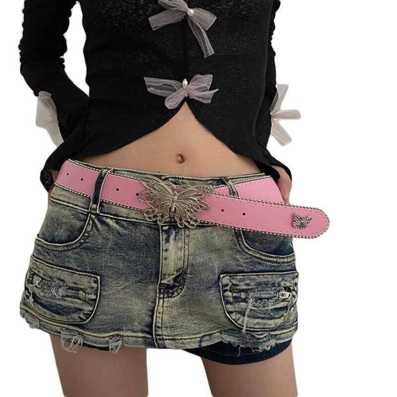 Women PU Butterfly Waist Subculture Pin Buckle Waistband Punk Y2K Jeans Pants Belt Hot Girl Accessories Y260225