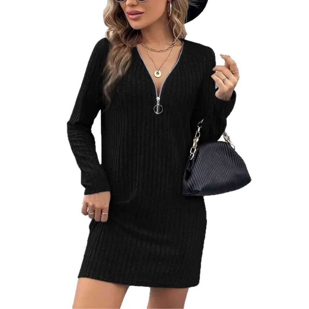 Vestidos Elegantes Half-zip Autumn And Winter Long-sleeved V-neck Ribbed Solid Color Women's Commuting Holiday Short Dress XJ260225