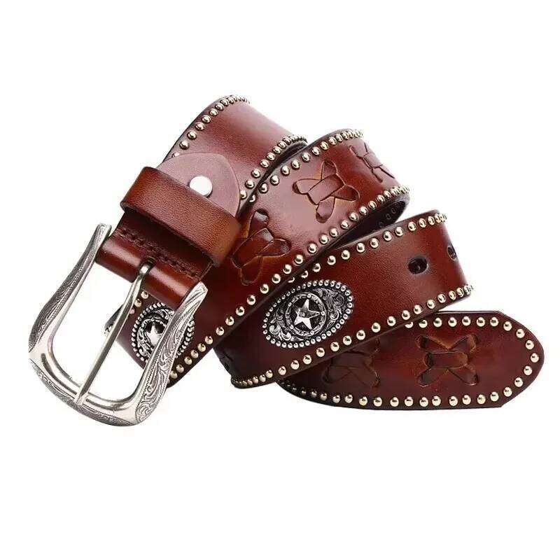 3.8CM Metal Rivet Luxury Designers Men Punk Cowskin Genuine Leather Belt Male Rock Hip Hop Strap Waist Y260225