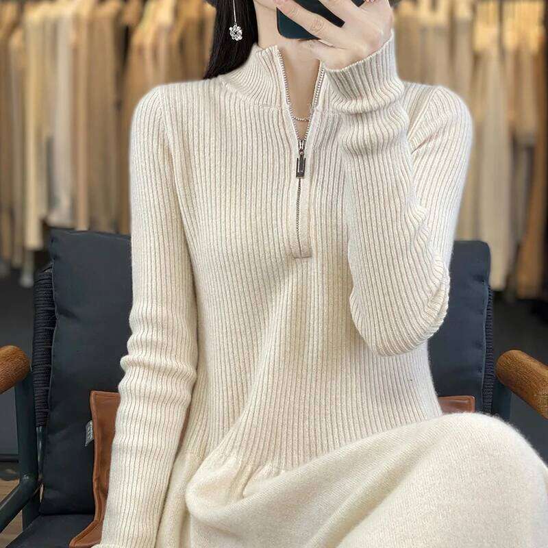 Korean Stand Collar Female Autumn/Winter100%Merino Wool Knitted and Calf Maxi Fashion Waisted High-neck Dress XJ260225