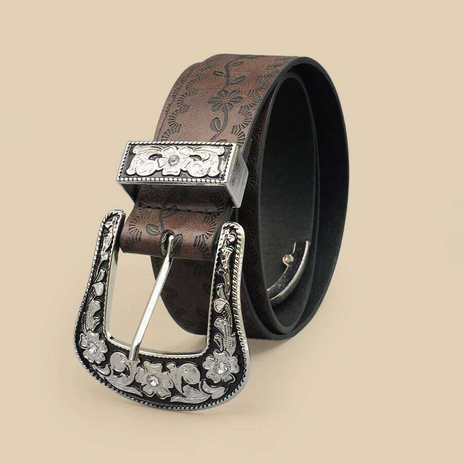 Vintage Carved Buckle for Women Men - Brown Textured Floral Print Western Style Fashion Versatile Waistband Belt Y260225