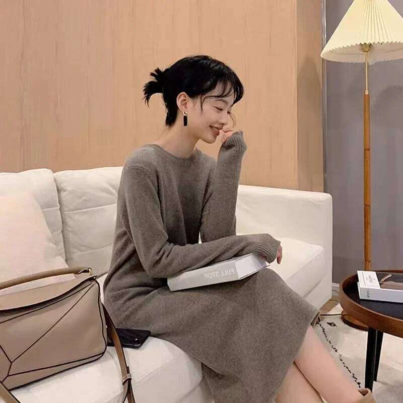 Women's Pure Cashmere Knit Dress Simple round Neck Knee-High Coat Long Sweater Skirt Autumn Winter Fashion New Arrival XJ260225