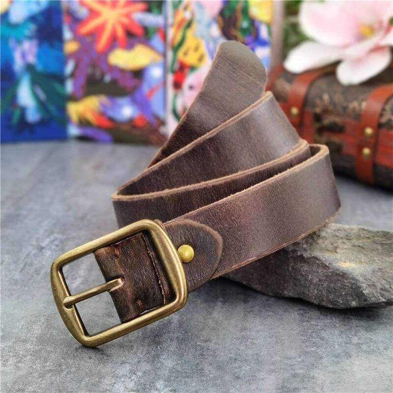 Retro Cowboy Jeans Men's Vintage Brass Buckle Thick Leather Ceinture For Long Waist Belt Men MBT0539 Y260225