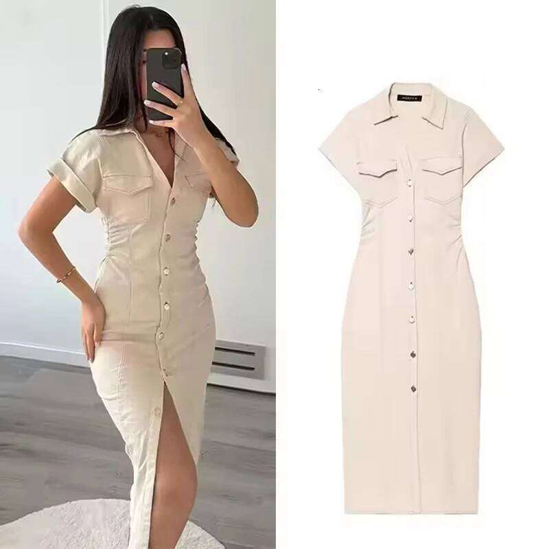 Denim Women's Spring Summer Casual Long Dresses For Women 2026 New Fashion Ruched Short Sleeve Streetwear Midi Dress XJ260225