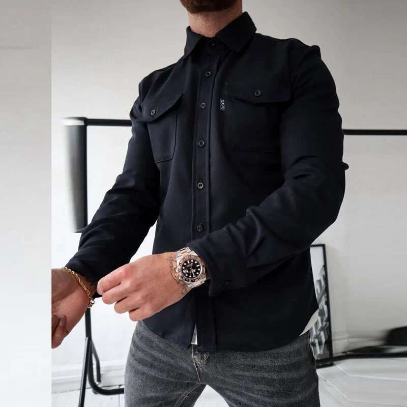 Men's casual shirt jacket autumn and winter long sleeved lapel top men's single breasted solid color pocket jacket