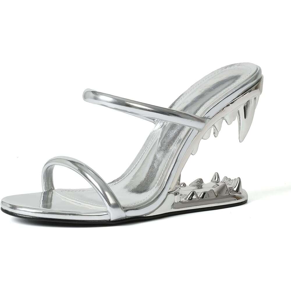 Wedge For Women Strappy Round Open Toe Heels Metallic Shark Tiger Teeth Heeled Sandals Flip Flops Thong Womens Mules Slip On Party Dress Wedding Cerem