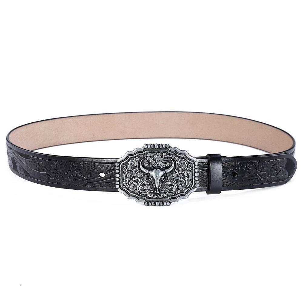 Big Bull Buckle Western Belt for Men High Quality Cowboy Faux Leather Waist Male Belts Floral Engraved Jeans Street Punk 3.8cm Y260225