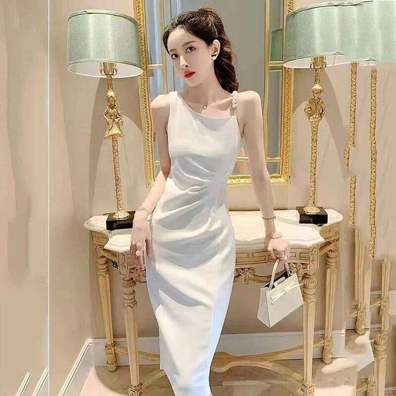 Pearl Spaghetti Strap Design Mermaid Ladies French Inclined Shoulder Dresses Female Elegant Solid Color Maix Dress Mujer XJ260225