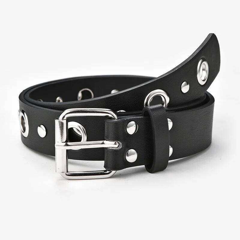 Unisex Black PU Leather Belt with Pin Buckle Eyelets - Punk Style, for Jeans & Casual Wear Y260225