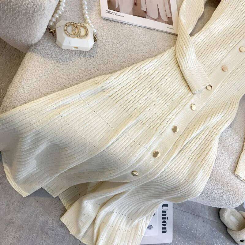 YuooMuoo Women Elegant Notched Long Sleeve Knitted Maxi Lady Single-breasted White Black Sweater Dress Party Vestido XJ260225