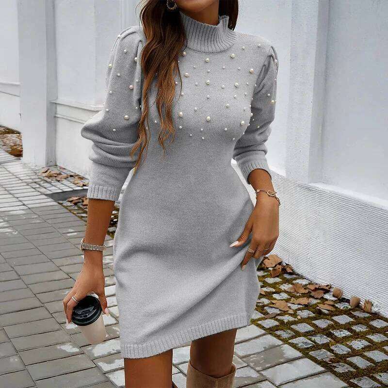 2026 New Women Sweater Dresses Pearls Round Neck Long Sleeve Hip Wrap Winter Elegant Ladies Casual Solid Slim Fit Dress XJ260225
