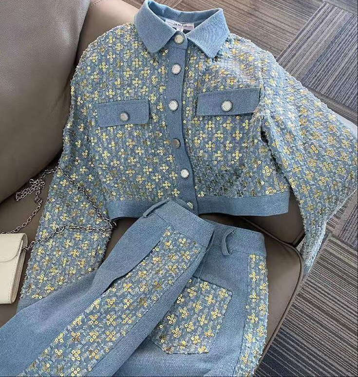 Designer women's sports suit autumn casual full style suit wide leg pants exquisite and comfortable jacket sequined lapel