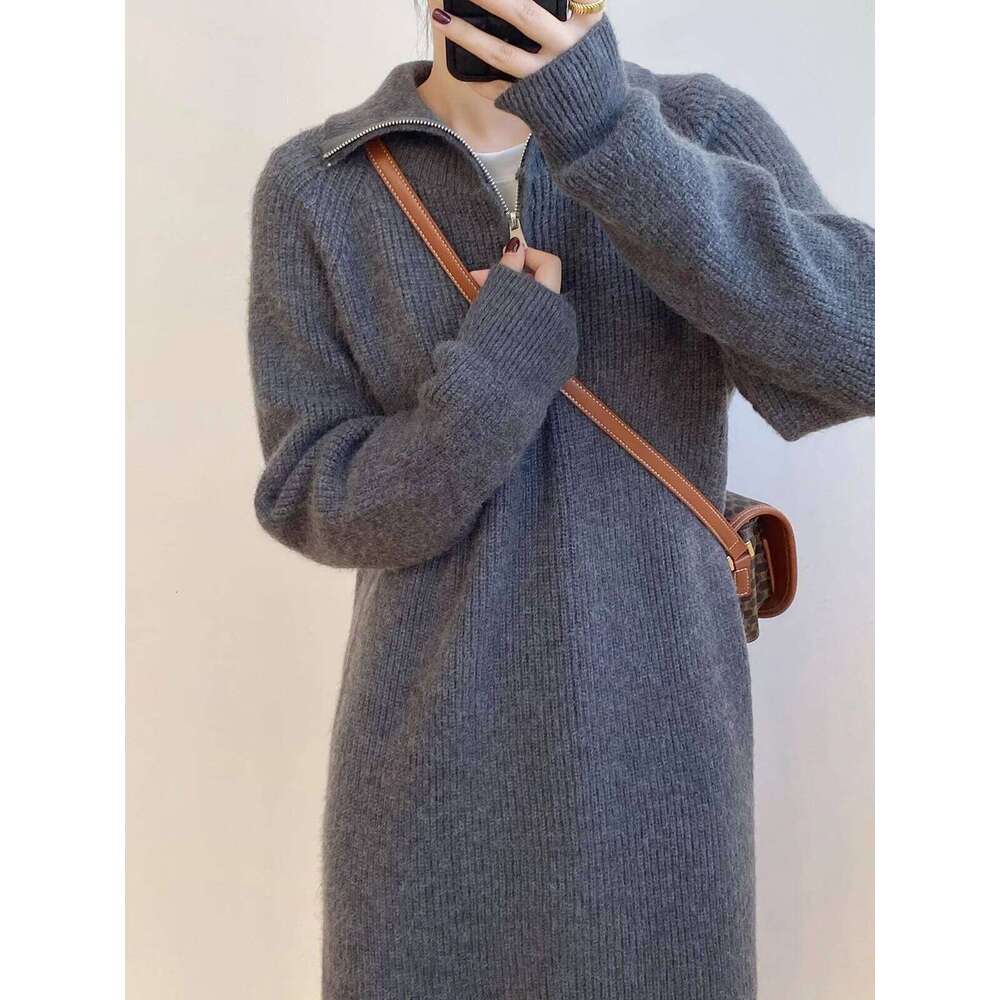 Autumn Winter Women's Zipper Lapel Knitted Dress High Necked Woolen Straight Long Sleeved Bottom Dresses XJ260225
