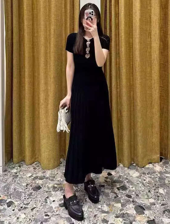2026 Spring Summer New French Style Niche Hollow Waist Black Knitted Long Dress for Women M