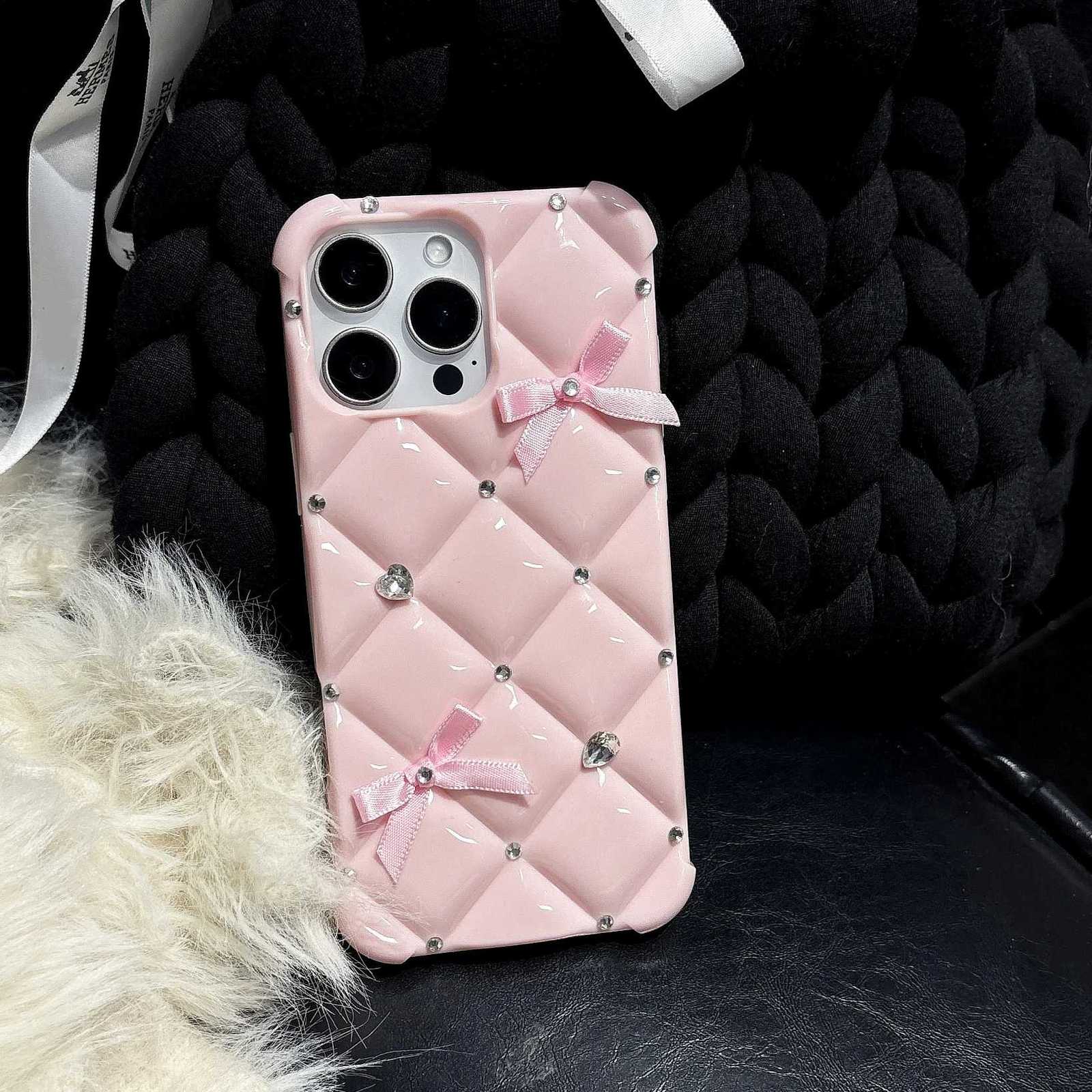 3D Grid Soft TPU Phone Case | Cute Bowknot Bling Diamond Shockproof Cover for iPhone 11-16 SeriesT260225