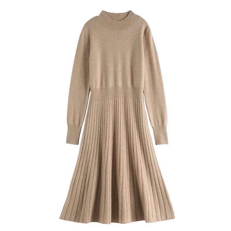 100% Pure Cashmere Pulllover Swearter Dress Women Autumn Winter Half High Collar Pleated High-end Elegant Slimming Knitted Skirt XJ260225