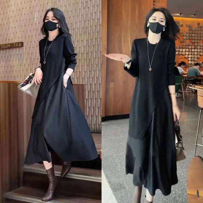 Spring New Women's Temperament Casual Round Neck Fake Two-piece Dress Breathable Slim Long-sleeved Mid-length Skirt XJ260225