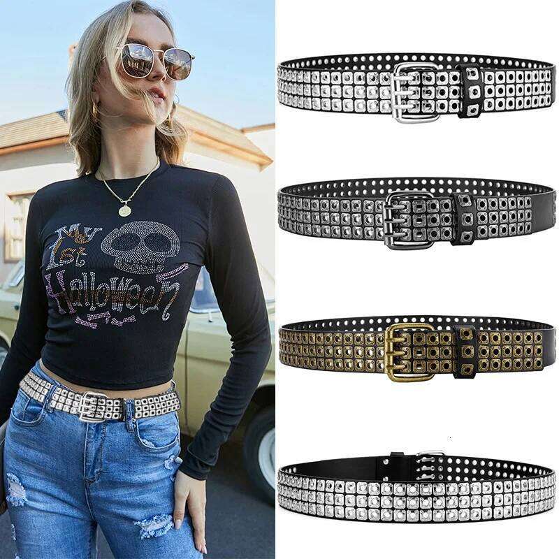 New Women Belt Fashion Square Beads, Willow Nails, Three Exhaust Eyes, Punk Street Cool, Personalized Men's and Women's Belts Y260225