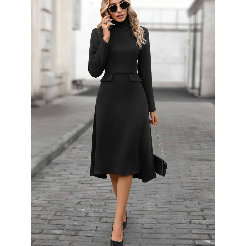 Elegant Solid Color Holiday Party Spring Autumn High Collar Slim Wide Hem Elastic Knitted Fabric Midi Long Sleeve Dress XJ260225