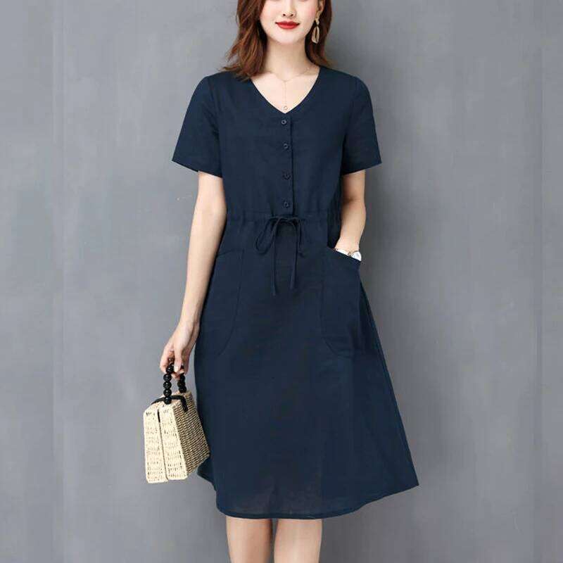 Women's Clothing Korean Elegant Loose Simplicity Intellectual Fashion Round Neck Casual Short Sleeve Pockets Drawstring Dresses XJ260225
