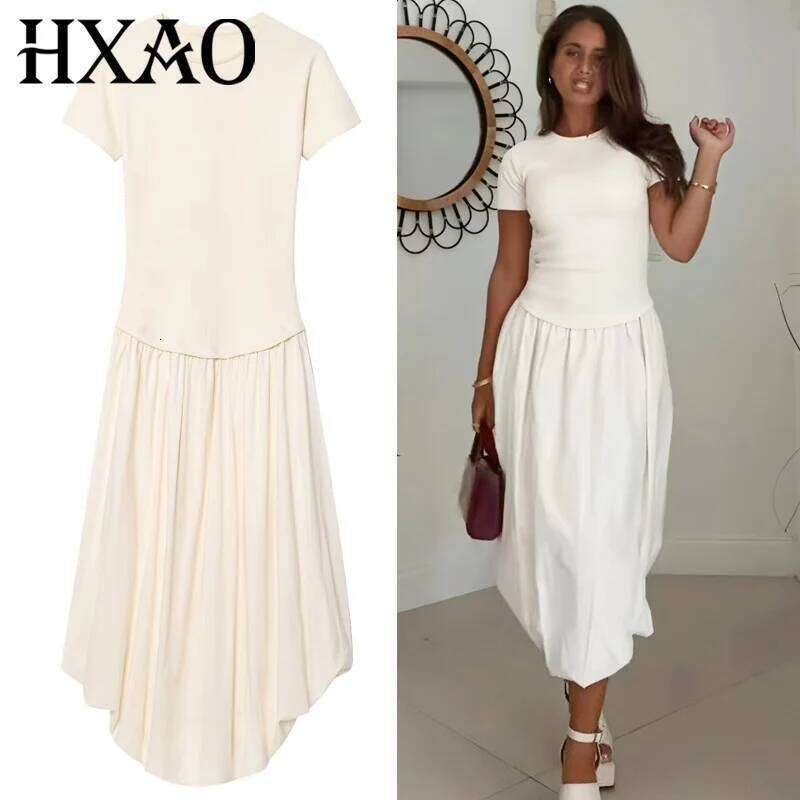 HXAO 2025 Womens Balloon Summer Elegant Evening Party Long Dresses Off White Patchwork Short Sleeve Dress Chic Vestidos XJ260225