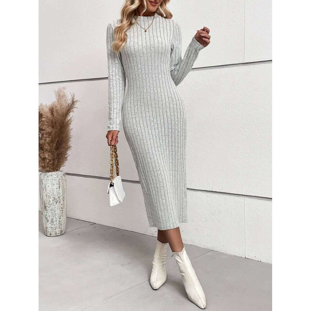 Cross border European American women's spring autumn knitted tight and sexy buttocks wrapped mid length dress XJ260225