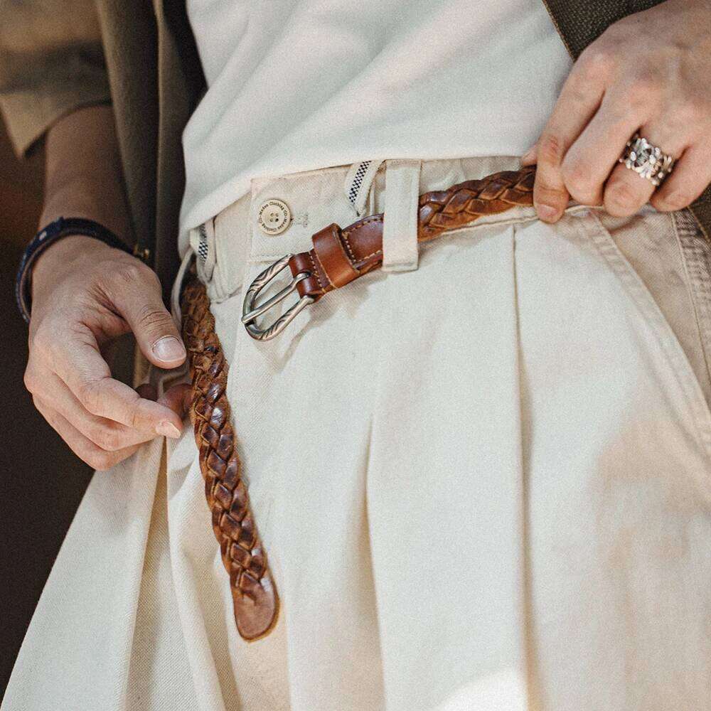 Maden Vintage Woven Vegetable Tanned Leather Accessories with Two-layer Cowhide for Men's Versatile Brown Belt Y260225