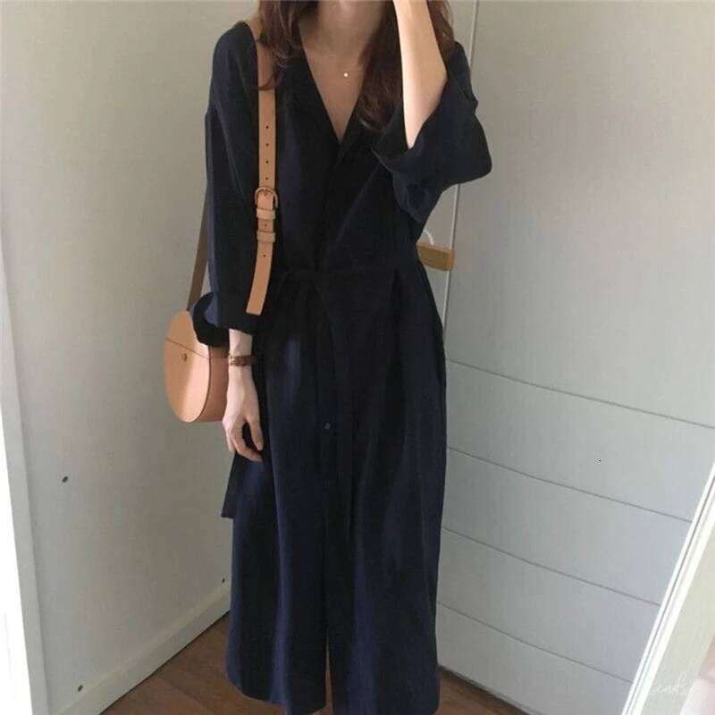 Fashion V-Neck Button Solid Color Bandage Shirt Women's Clothing 2025 Spring New Loose Long Sleeve All-match Casual Dress XJ260225