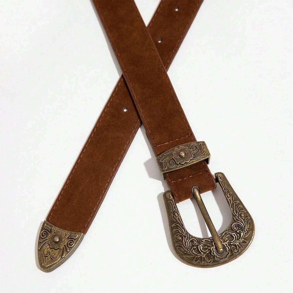 1pc Women's Brown Carved Bronze Metal Buckle Frosted Fine Velvet for Jeans Versatile Decorative Belt Y260225
