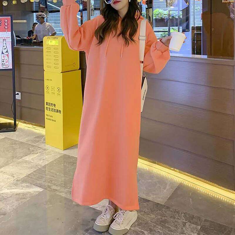 Korean Fashion Dresses Autumn Winter New Women Solid Hooded Plus Velvet Long Sleeve Loose Ankle-Length A-line Sweatshirt Dress XJ260225