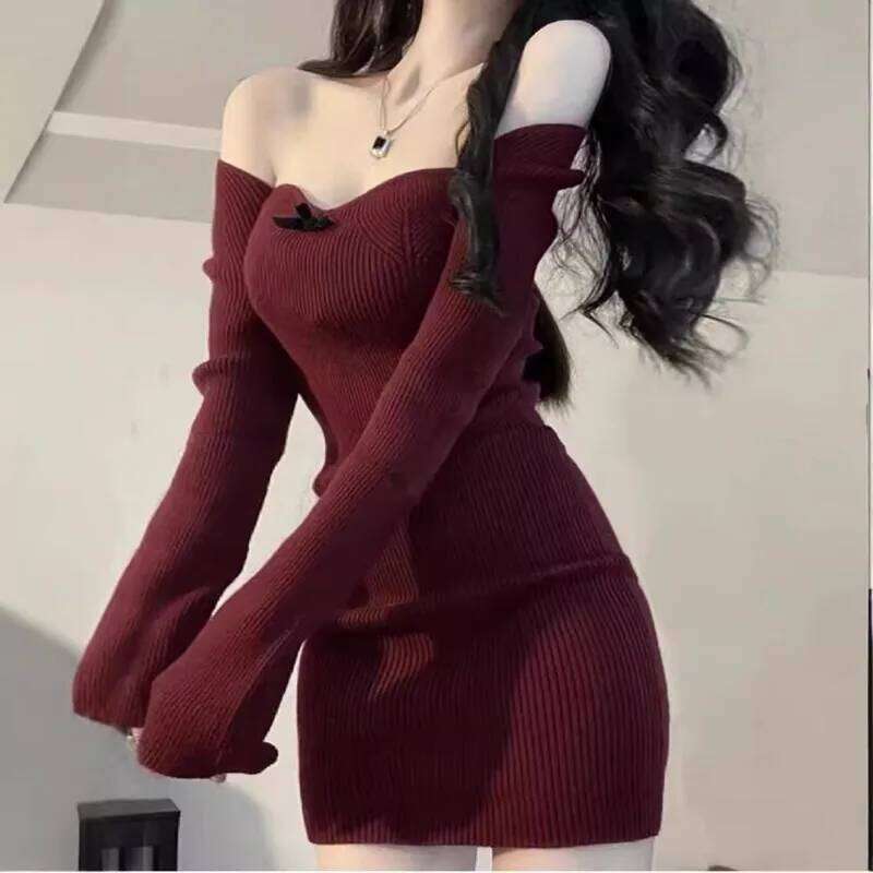 Square Neck Knitted Dress for Women Waist-cinching Autumn Winter Inner Layering Sweater Hip-hugging Skirt XJ260225