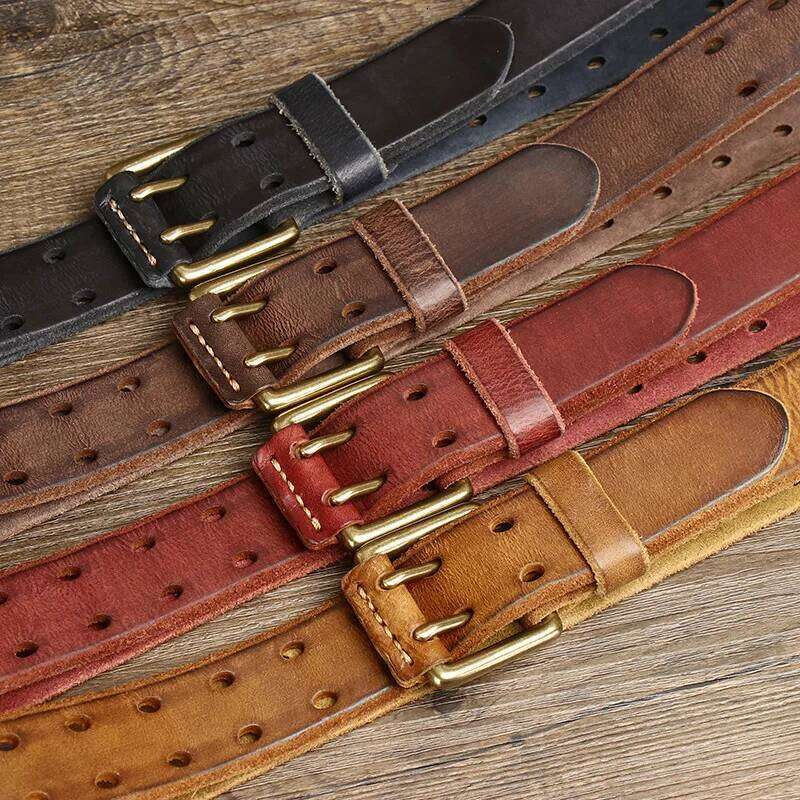 Retro trendy personalized double needle buckle genuine leather washed vegetable tanned top layer cowhide men new style belt Y260225