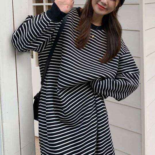 Women's round Neck Long Sleeve Autumn Striped Midi-Length Knee-Covering Loose Casual Trendy One-Piece Dress XJ260225
